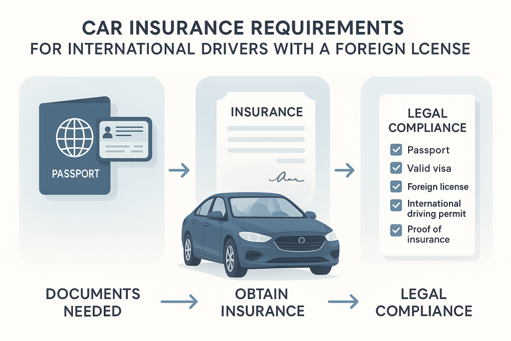 Minimalist infographic showing car insurance requirements for international drivers with a foreign license. Features sections for necessary documents, insurance policy, and legal compliance. Includes icons of a passport, foreign license, car, insurance document, and a checklist, with clear labels and elegant visual connectors.