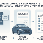 Minimalist infographic showing car insurance requirements for international drivers with a foreign license. Features sections for necessary documents, insurance policy, and legal compliance. Includes icons of a passport, foreign license, car, insurance document, and a checklist, with clear labels and elegant visual connectors.