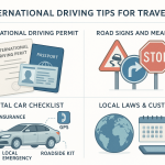 Educational infographic illustrating key tips for driving abroad: international permit, global road signs, rental car essentials, and local laws. Features clear sections, flat vector art, blue and teal accents, realistic travel documents, diverse traffic signs, and localized driving icons to inform international travelers.