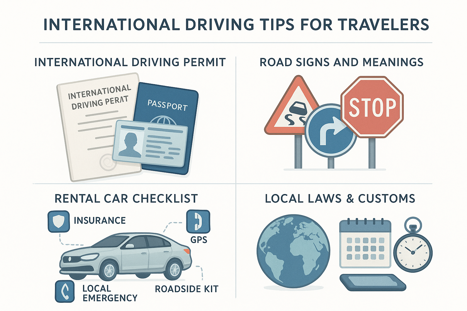 Educational infographic illustrating key tips for driving abroad: international permit, global road signs, rental car essentials, and local laws. Features clear sections, flat vector art, blue and teal accents, realistic travel documents, diverse traffic signs, and localized driving icons to inform international travelers.