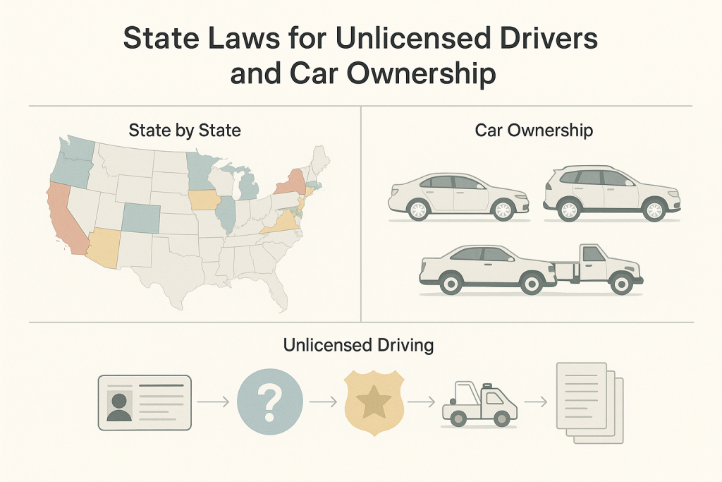Minimalist infographic with a U.S. map highlighting states, illustrations of sedan, SUV, and pickup truck, and icons representing driver’s license, question mark, police badge, tow truck, and legal documents. Flow lines indicate legal processes for unlicensed drivers and car ownership by state.