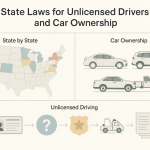 Minimalist infographic with a U.S. map highlighting states, illustrations of sedan, SUV, and pickup truck, and icons representing driver’s license, question mark, police badge, tow truck, and legal documents. Flow lines indicate legal processes for unlicensed drivers and car ownership by state.