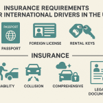 Minimalist infographic showing icons for passport, foreign license, rental car keys, liability, collision, comprehensive and rental car insurance, and legal documents, clearly labeling each section to illustrate insurance requirements for international drivers in the US in an educational, accessible manner.