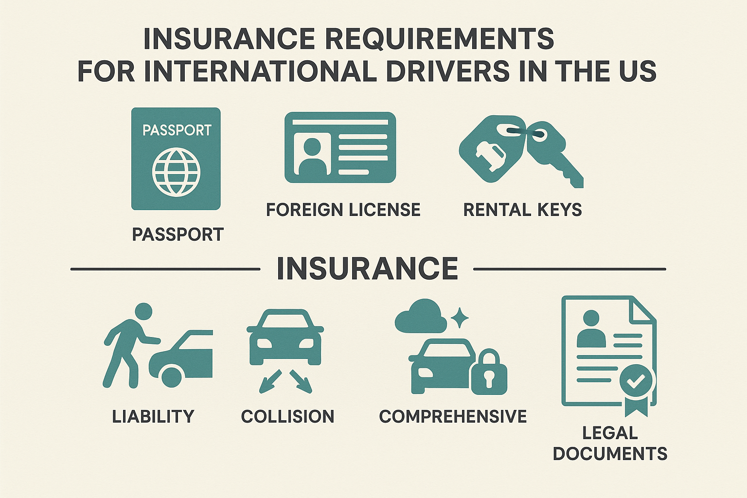 Minimalist infographic showing icons for passport, foreign license, rental car keys, liability, collision, comprehensive and rental car insurance, and legal documents, clearly labeling each section to illustrate insurance requirements for international drivers in the US in an educational, accessible manner.