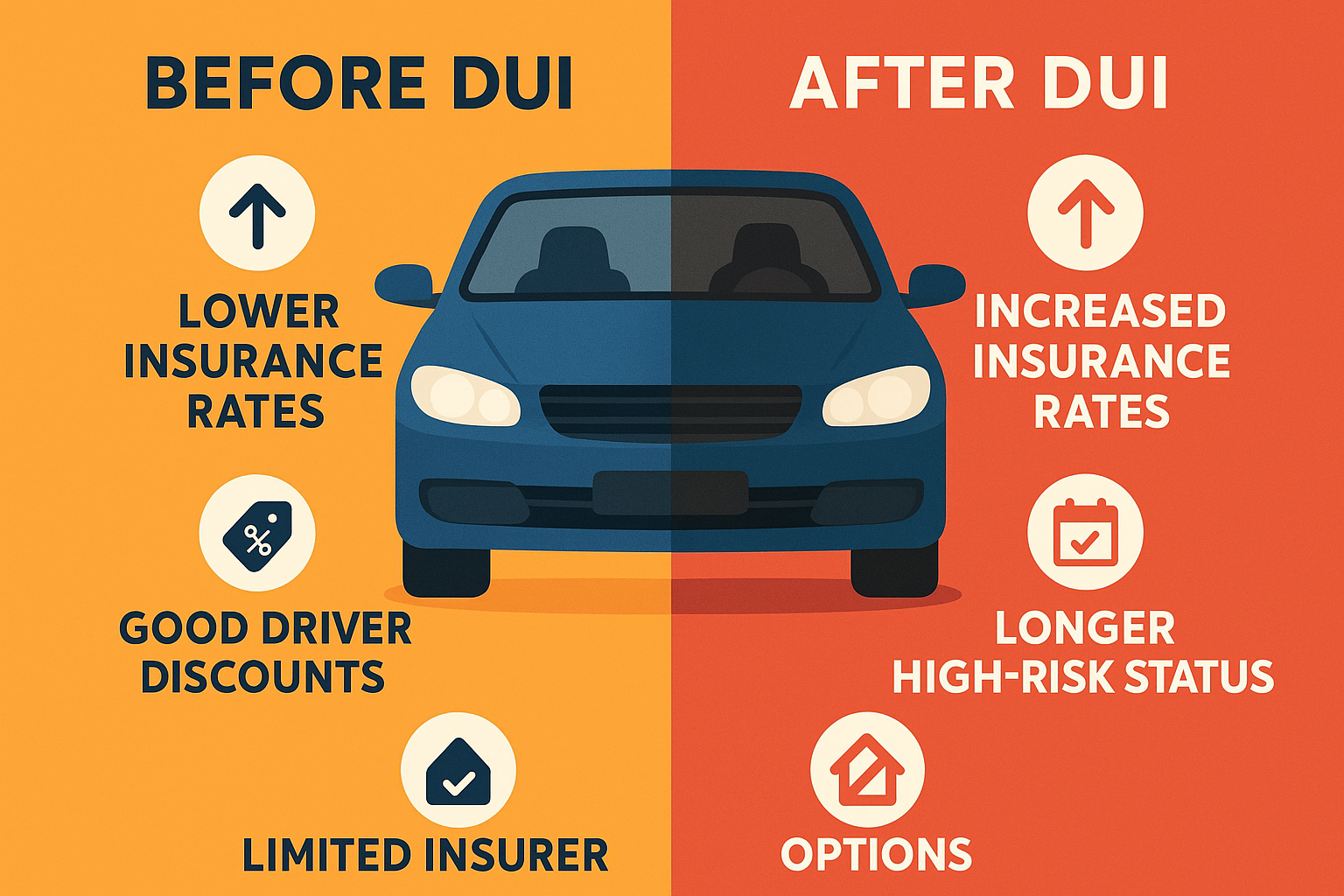 Infographic showing a split-view car before and after DUI. Illustrates increased auto insurance premiums, lost discounts, longer high-risk status, and fewer insurer options. Features bold colors and clearly labeled icons for accessible understanding of DUI impacts on insurance rates.