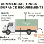 Minimalist infographic showing a labeled box truck with coverage areas (Liability, Cargo, Physical Damage, and Workers’ Compensation) highlighted in distinct colors. Clear headings, brief notes, and icons for documents, dollar signs, and shields illustrate essential commercial truck insurance requirements.