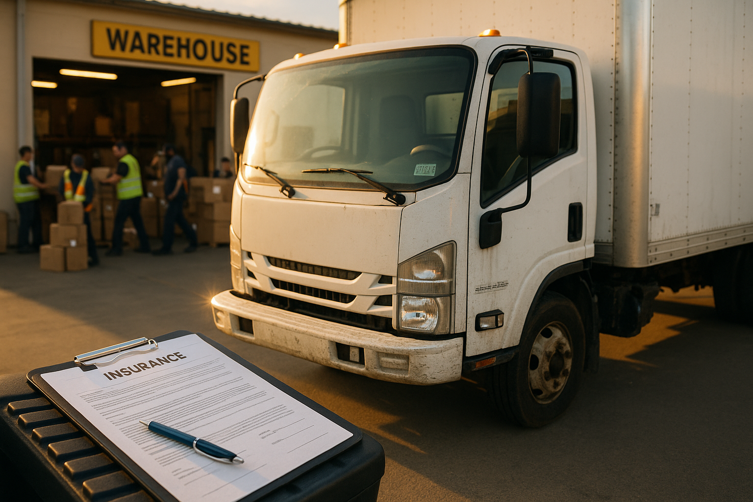 Modern white box truck with minor wear, parked by a busy warehouse at sunrise. Insurance sticker on windshield, insurance documents and clipboard on the step. Workers in safety vests load boxes in the background, emphasizing the importance of liability insurance for business operations.