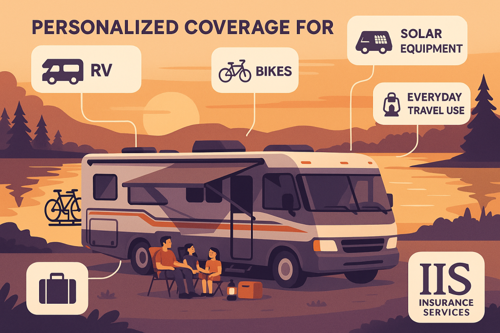 Infographic of a modern Class A RV with solar panels and bike racks by a lake at sunset. A family relaxes under the awning while callouts highlight personalized coverage for RV, solar panels, bikes, campsite items, and daily travel via IIS Insurance Services.