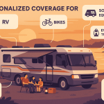 Infographic of a modern Class A RV with solar panels and bike racks by a lake at sunset. A family relaxes under the awning while callouts highlight personalized coverage for RV, solar panels, bikes, campsite items, and daily travel via IIS Insurance Services.