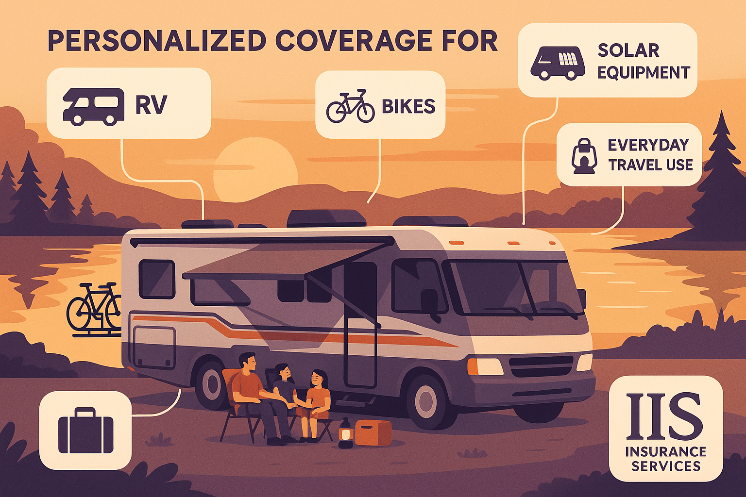 Infographic of a modern Class A RV with solar panels and bike racks by a lake at sunset. A family relaxes under the awning while callouts highlight personalized coverage for RV, solar panels, bikes, campsite items, and daily travel via IIS Insurance Services.