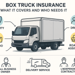Minimalist infographic showing a gray box truck surrounded by icons and arrows illustrating insurance coverages: liability, physical damage, drivers, cargo, and roadside assistance. Bottom section labels typical policyholders such as small business owners, delivery services, and independent contractors. Clear, organized layout with color-coded accents.