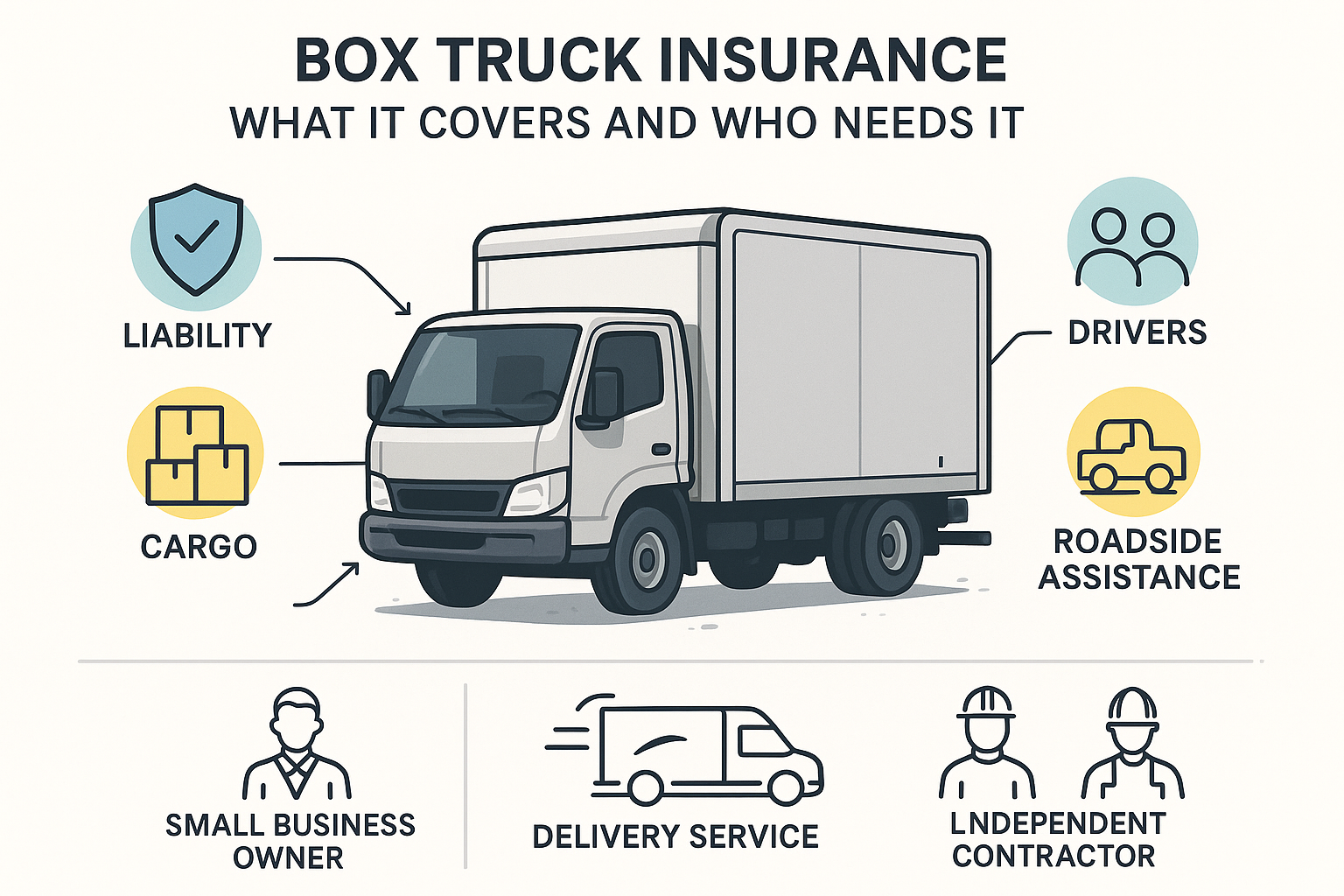 Minimalist infographic showing a gray box truck surrounded by icons and arrows illustrating insurance coverages: liability, physical damage, drivers, cargo, and roadside assistance. Bottom section labels typical policyholders such as small business owners, delivery services, and independent contractors. Clear, organized layout with color-coded accents.