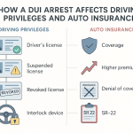 Infographic showing DUI impacts: left side illustrates license downgrade from standard to suspended, revoked, and interlock; right side displays insurance effects: coverage, rate increase, denial, SR-22 requirement. Flat vector icons, clean labels, and clear separation enhance comprehension for users.
