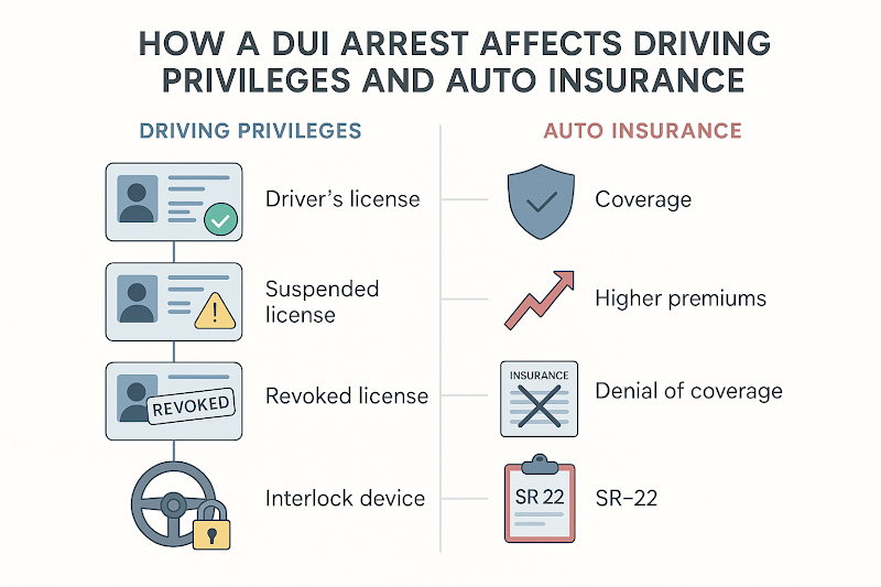 Infographic showing DUI impacts: left side illustrates license downgrade from standard to suspended, revoked, and interlock; right side displays insurance effects: coverage, rate increase, denial, SR-22 requirement. Flat vector icons, clean labels, and clear separation enhance comprehension for users.