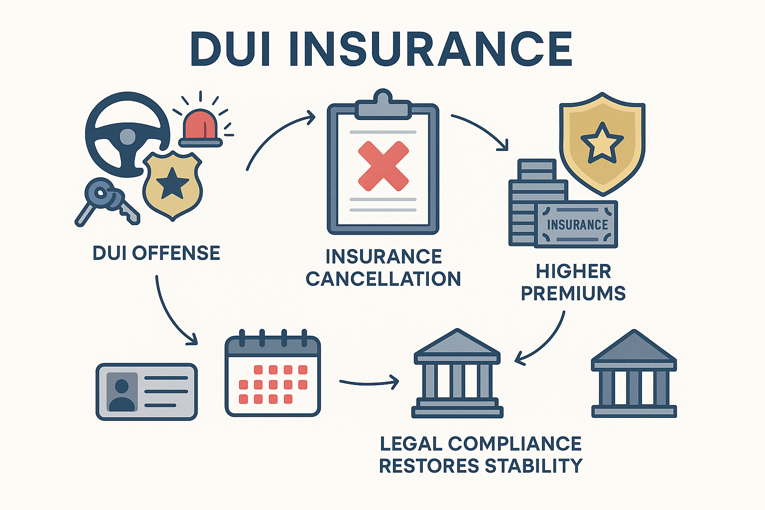 Minimalist infographic illustrating DUI insurance process, including DUI offense, insurance cancellation, higher premiums, and how legal compliance restores stability, using icons like car keys, police badge, rejected document, insurance bills, shield, driver’s license, calendar, and courthouse.