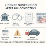 Minimalist infographic showing the timeline and consequences of driver’s license suspension after a DUI conviction, with flat vector icons for arrest, court, suspension notice, restricted license, suspension length, penalties, and ignition interlock device on a clear, educational layout.
