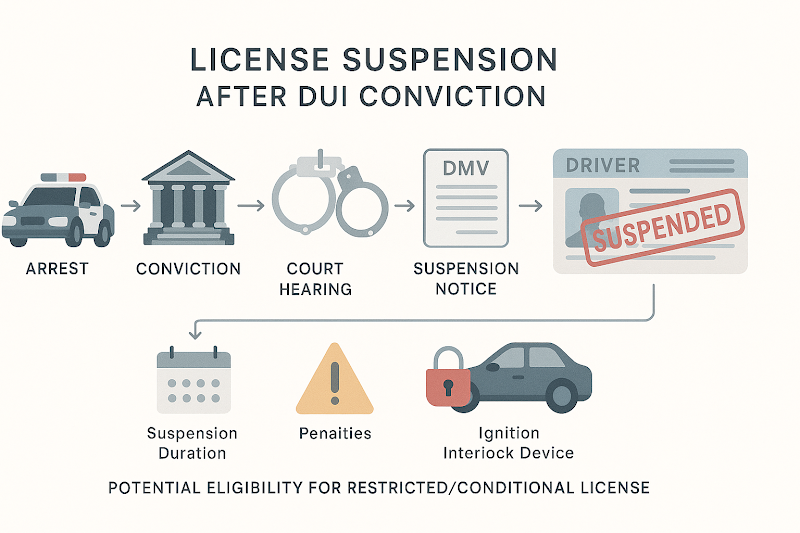 Minimalist infographic showing the timeline and consequences of driver’s license suspension after a DUI conviction, with flat vector icons for arrest, court, suspension notice, restricted license, suspension length, penalties, and ignition interlock device on a clear, educational layout.