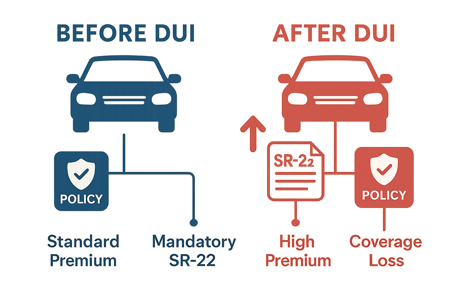 Infographic comparing auto insurance before and after a DUI, using blue and red, showing raised premiums with rate arrows, SR-22 form, policy icons, and labeled connections to coverage loss, mandatory filings, and long-term effects for drivers.