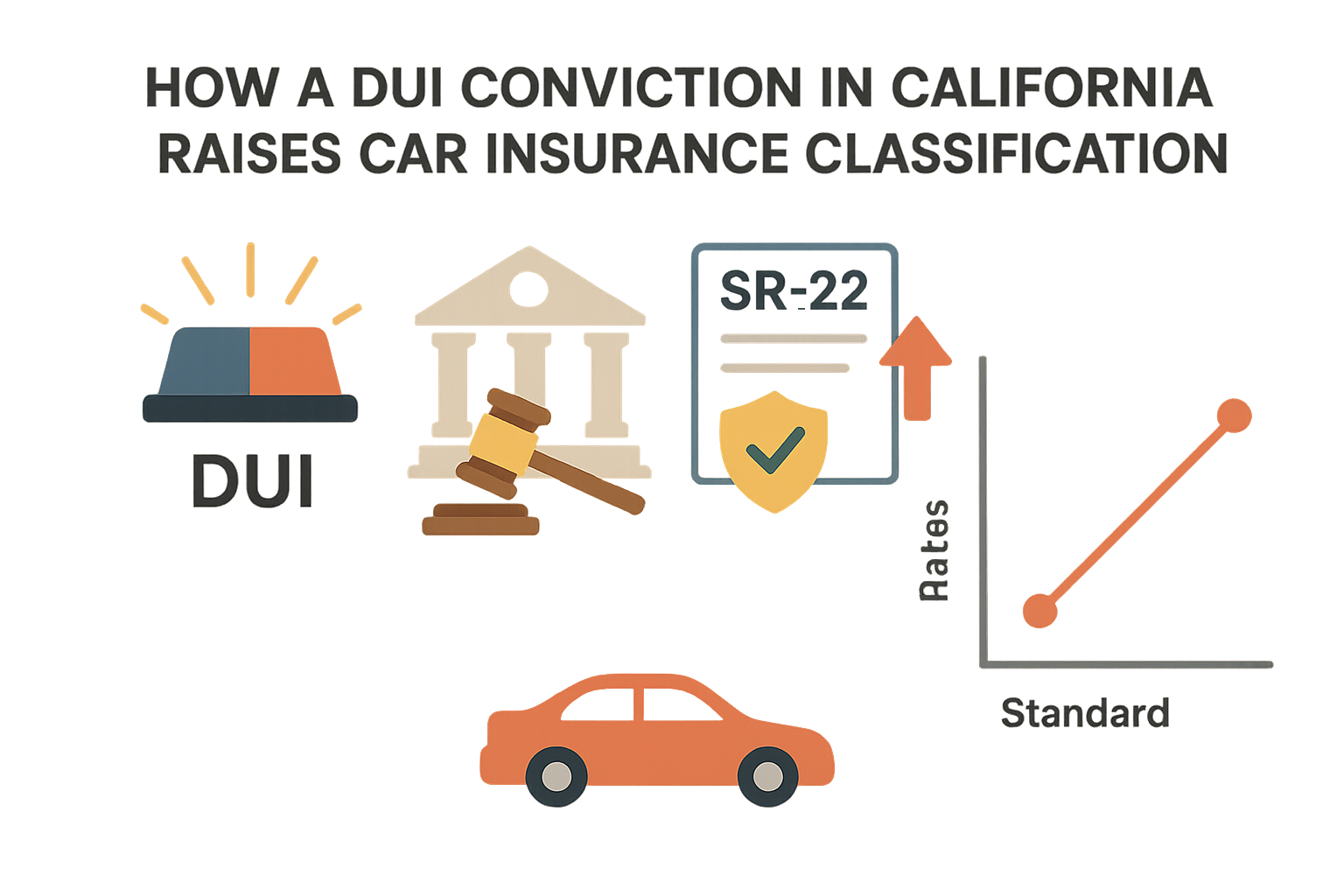 Minimalist infographic showing how a DUI conviction in California increases car insurance risk class, with illustrations of police lights, a court icon, SR-22 form, rising insurance premiums, and a chart displaying rates moving from standard to high-risk.