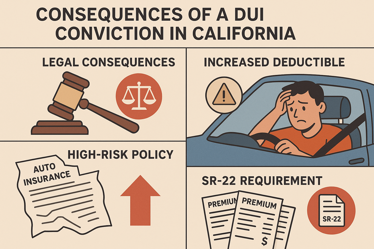 Infographic shows legal and insurance effects of a California DUI conviction, featuring a gavel, worried driver, crumpled insurance document, increased deductible, premium bills, SR-22 requirement, and relevant icons in a flat modern vector art style.