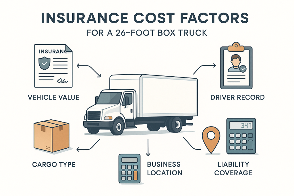 Infographic showing a 26-foot box truck surrounded by icons representing insurance cost factors: vehicle value, driver record, cargo type, business location, and liability coverage. Clean vector illustrations, labeled arrows, and grouped sections enhance readability on a white, minimalist background.