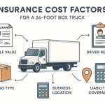 Infographic showing a 26-foot box truck surrounded by icons representing insurance cost factors: vehicle value, driver record, cargo type, business location, and liability coverage. Clean vector illustrations, labeled arrows, and grouped sections enhance readability on a white, minimalist background.