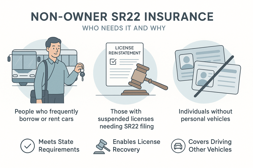 Minimalist infographic illustrating who needs Non-Owner SR22 Insurance: commuters borrowing cars, people with suspended licenses, and those without personal vehicles. Shows benefits like state requirement compliance, license recovery, and coverage for driving other vehicles. Calm colors and simple icons enhance clarity and approachability.