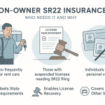 Minimalist infographic illustrating who needs Non-Owner SR22 Insurance: commuters borrowing cars, people with suspended licenses, and those without personal vehicles. Shows benefits like state requirement compliance, license recovery, and coverage for driving other vehicles. Calm colors and simple icons enhance clarity and approachability.
