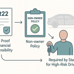 Minimalist infographic illustrating SR22 insurance for non-car owners, showing an SR22 document, clipboard with checkmark, faded car icon, person holding car keys by empty parking space, and captions highlighting non-owner policy and state requirements for high-risk drivers.