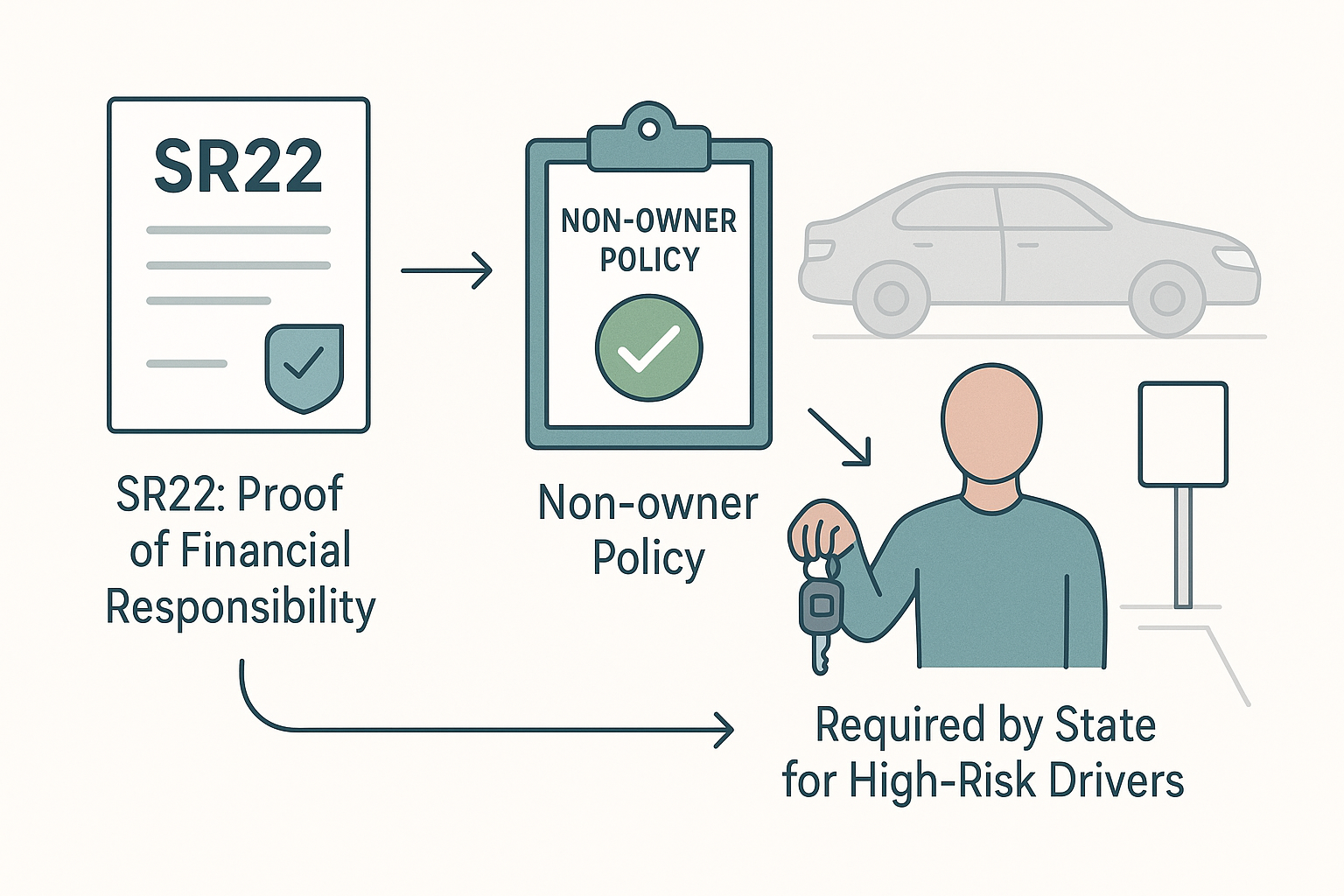 Minimalist infographic illustrating SR22 insurance for non-car owners, showing an SR22 document, clipboard with checkmark, faded car icon, person holding car keys by empty parking space, and captions highlighting non-owner policy and state requirements for high-risk drivers.