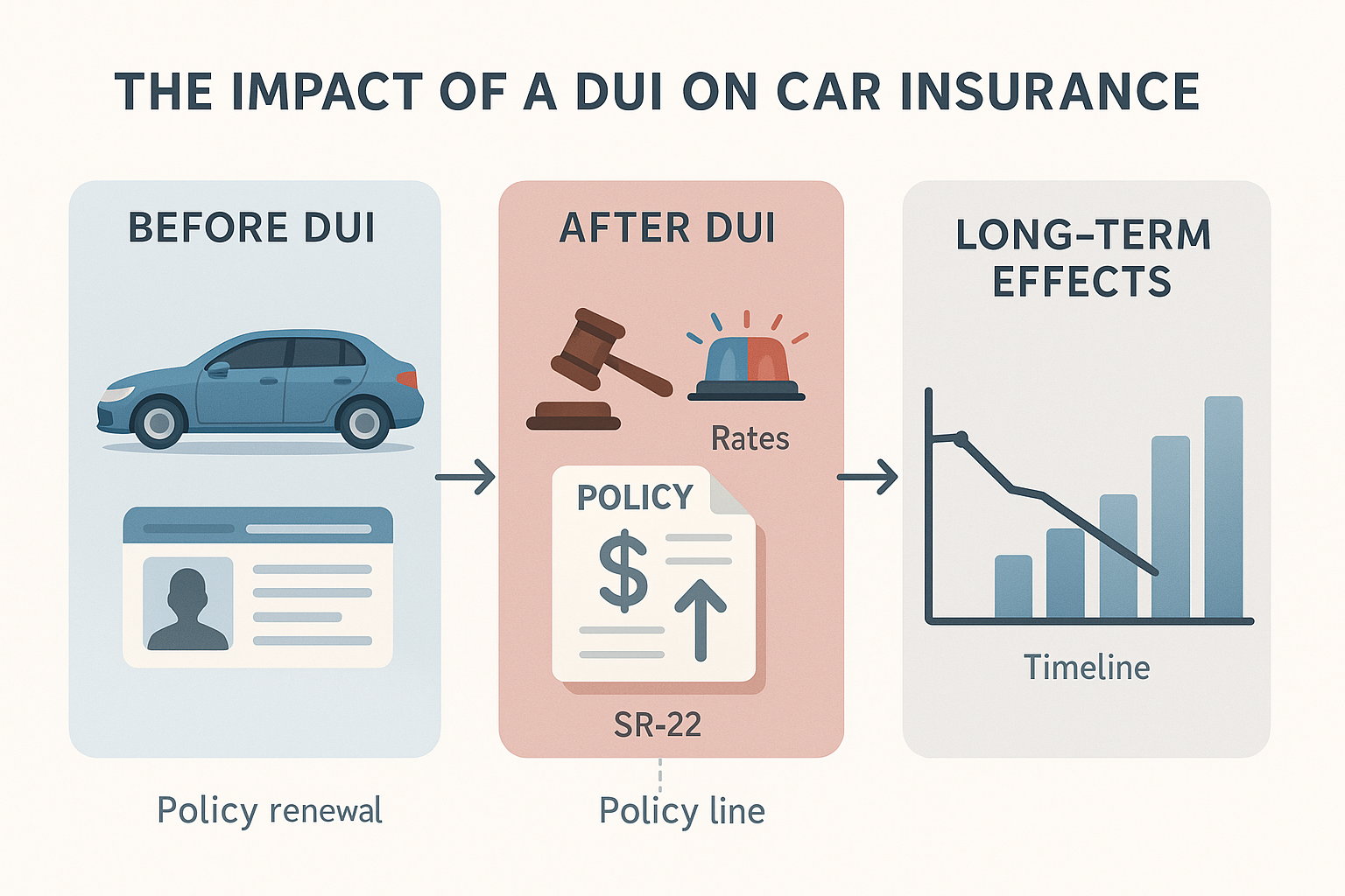 Infographic showing before and after effects of a DUI conviction on car insurance, with icons for driver’s license, police gavel, rising rates, and a timeline illustrating long-term premium trends. Clearly labeled sections and modern design improve understanding of insurance consequences.