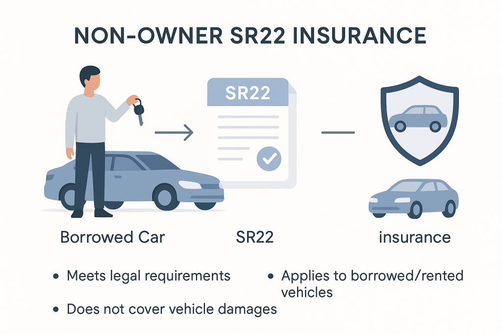 Infographic shows a person with car keys beside a borrowed car, an arrow pointing to an SR22 insurance document, and a shield overlaying a floating car, illustrating non-owner SR22 insurance benefits: legal coverage, applies to borrowed cars, does not cover vehicle damages.