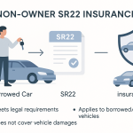 Infographic shows a person with car keys beside a borrowed car, an arrow pointing to an SR22 insurance document, and a shield overlaying a floating car, illustrating non-owner SR22 insurance benefits: legal coverage, applies to borrowed cars, does not cover vehicle damages.