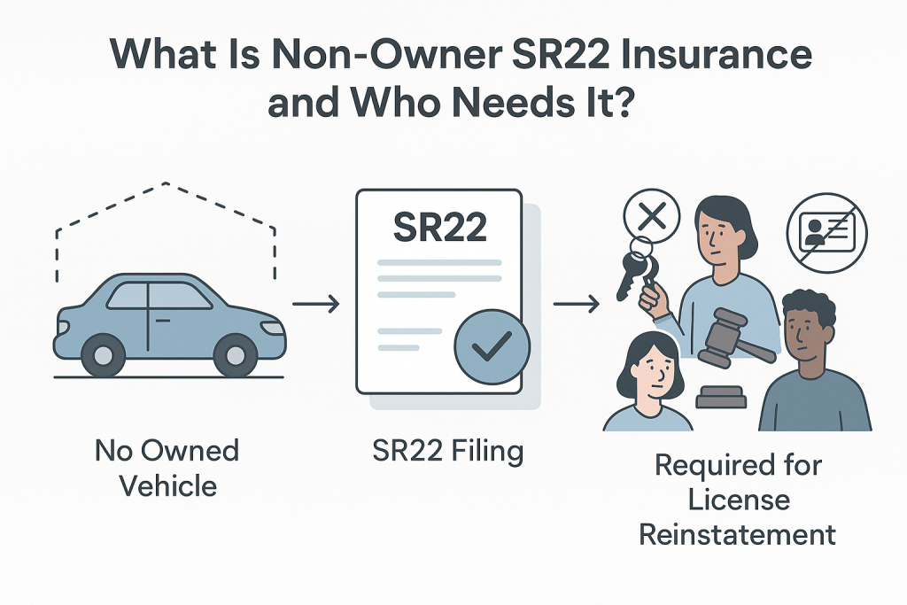 Infographic explaining non-owner SR22 insurance with icons of a blue car under dotted outline, SR22 document, diverse people symbolizing renters, legal requirements, and license reinstatement. Clean arrows and labels clarify No Owned Vehicle, SR22 Filing, and License Reinstatement steps.