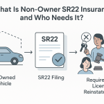 Infographic explaining non-owner SR22 insurance with icons of a blue car under dotted outline, SR22 document, diverse people symbolizing renters, legal requirements, and license reinstatement. Clean arrows and labels clarify No Owned Vehicle, SR22 Filing, and License Reinstatement steps.