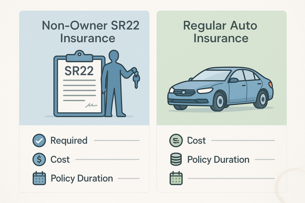 Infographic comparing Non-Owner SR22 Insurance and Regular Auto Insurance. Two vertical panels with vector icons highlight differences in required coverage, cost, and policy duration using checkmarks, coins, and calendars. Illustrations include a sedan, a person with keys, and a clipboard labeled SR22 form.