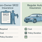Infographic comparing Non-Owner SR22 Insurance and Regular Auto Insurance. Two vertical panels with vector icons highlight differences in required coverage, cost, and policy duration using checkmarks, coins, and calendars. Illustrations include a sedan, a person with keys, and a clipboard labeled SR22 form.