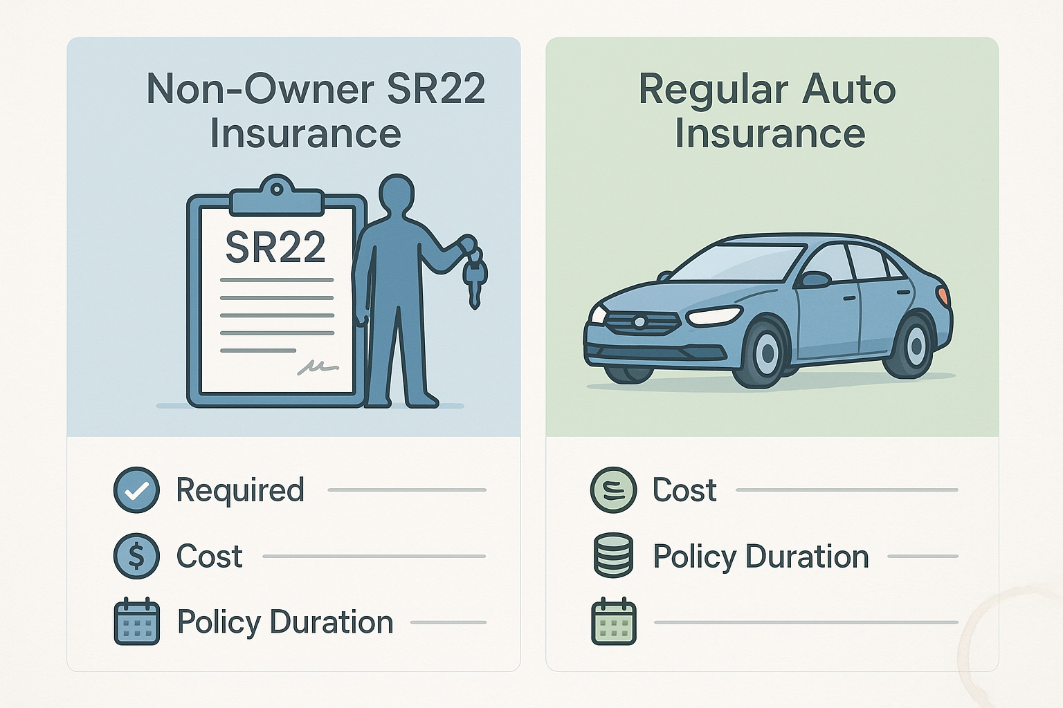 Infographic comparing Non-Owner SR22 Insurance and Regular Auto Insurance. Two vertical panels with vector icons highlight differences in required coverage, cost, and policy duration using checkmarks, coins, and calendars. Illustrations include a sedan, a person with keys, and a clipboard labeled SR22 form.