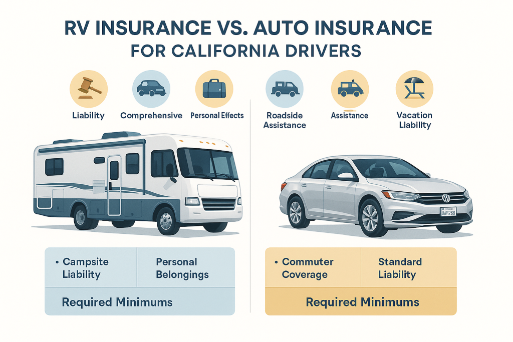 Infographic comparing RV and auto insurance for California drivers. Shows a detailed motorhome on the left and a realistic sedan on the right, with icons and labeled blocks outlining coverage differences like campsite liability, commuter coverage, and key insurance requirements.