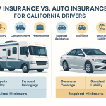 Infographic comparing RV and auto insurance for California drivers. Shows a detailed motorhome on the left and a realistic sedan on the right, with icons and labeled blocks outlining coverage differences like campsite liability, commuter coverage, and key insurance requirements.