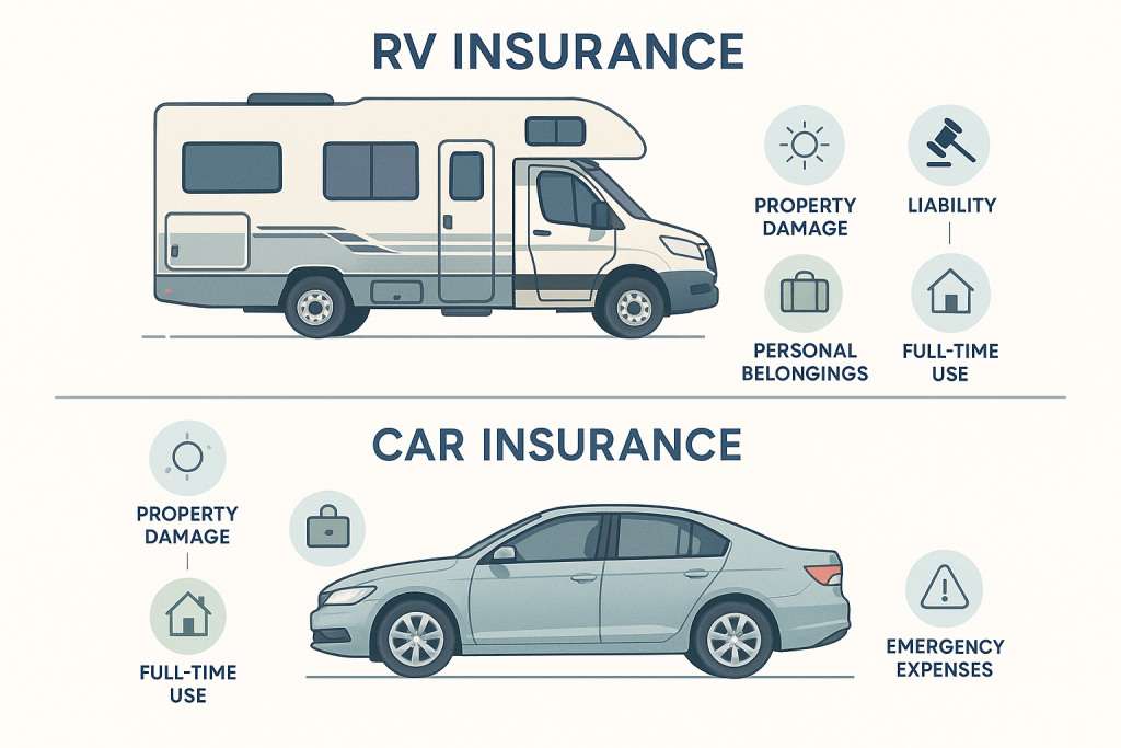 Minimalist infographic visually comparing RV and car insurance, with labeled sections for coverage differences such as property damage, liability, personal belongings, full-time use, and emergency expenses, featuring modern RV and sedan illustrations, clear icons, and color-coded divisions for easy educational understanding.