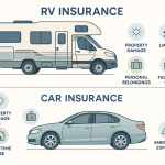 Minimalist infographic visually comparing RV and car insurance, with labeled sections for coverage differences such as property damage, liability, personal belongings, full-time use, and emergency expenses, featuring modern RV and sedan illustrations, clear icons, and color-coded divisions for easy educational understanding.