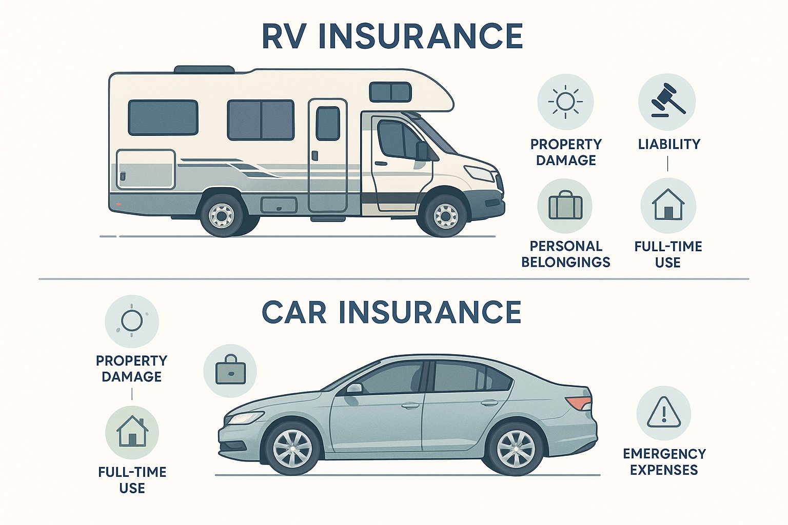 Minimalist infographic visually comparing RV and car insurance, with labeled sections for coverage differences such as property damage, liability, personal belongings, full-time use, and emergency expenses, featuring modern RV and sedan illustrations, clear icons, and color-coded divisions for easy educational understanding.