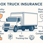 Infographic showing a white box truck surrounded by labeled icons for liability coverage, physical damage, cargo protection, non-trucking use, and workers’ compensation, all connected with arrows. Minimalist vector art with readable text, modern colors, and clear layout for educational clarity.