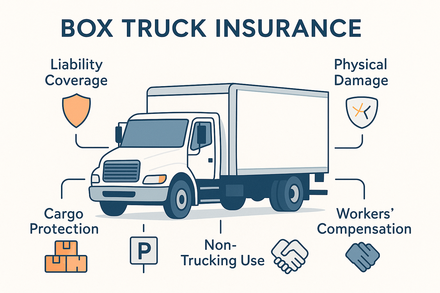 Infographic showing a white box truck surrounded by labeled icons for liability coverage, physical damage, cargo protection, non-trucking use, and workers’ compensation, all connected with arrows. Minimalist vector art with readable text, modern colors, and clear layout for educational clarity.