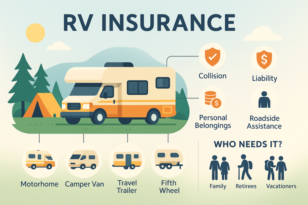 Infographic explains RV insurance basics, showing an RV at a campsite, icons for motorhomes, camper vans, travel trailers, and fifth wheels, plus symbols for collision, liability, personal items, and roadside assistance. Includes labeled coverage types and silhouettes of families, retirees, solo travelers, and vacationers.
