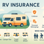 Infographic explains RV insurance basics, showing an RV at a campsite, icons for motorhomes, camper vans, travel trailers, and fifth wheels, plus symbols for collision, liability, personal items, and roadside assistance. Includes labeled coverage types and silhouettes of families, retirees, solo travelers, and vacationers.