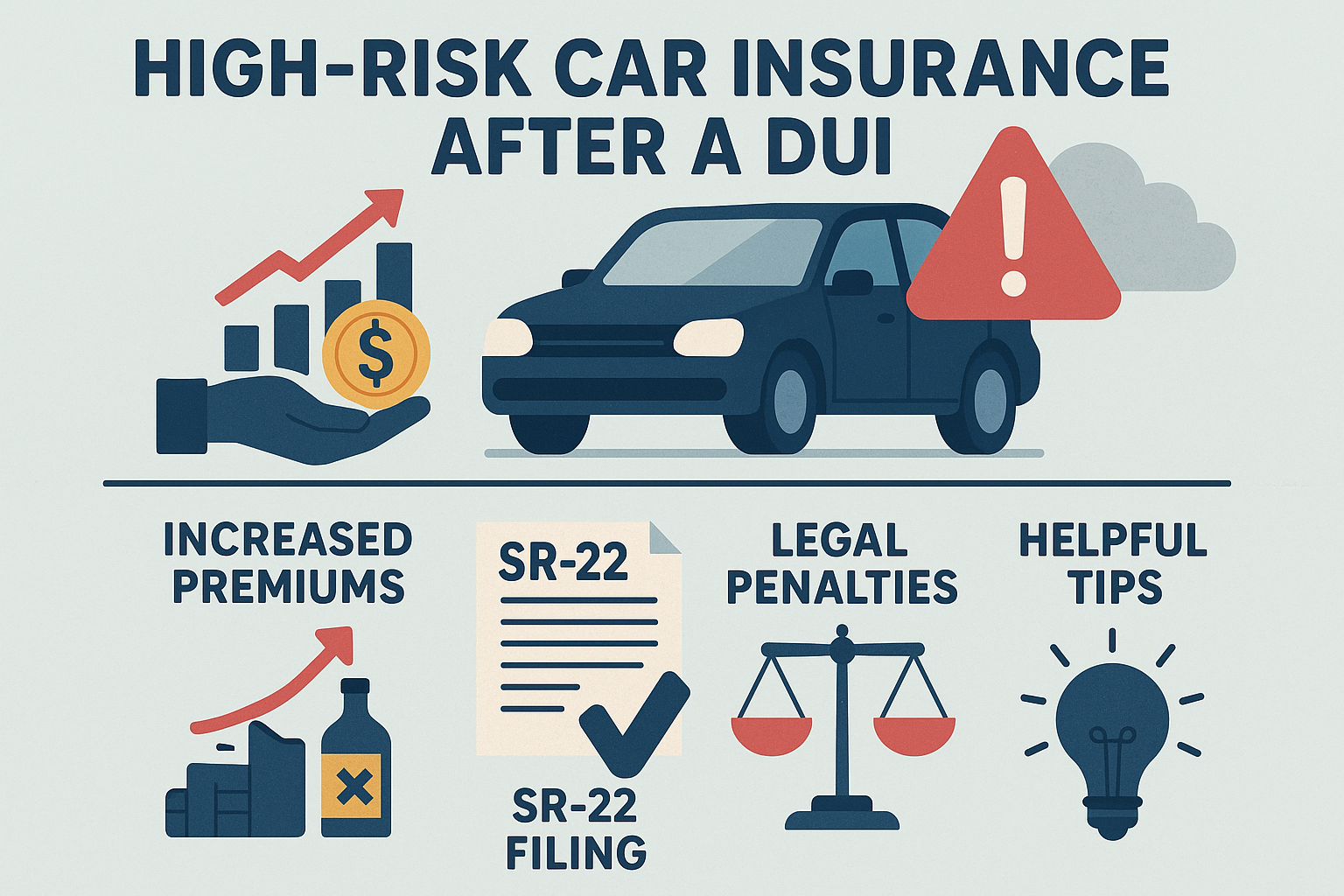 Infographic showing effects of high-risk car insurance after a DUI, including increased premiums, SR-22 filing, legal penalties, and practical tips for drivers with DUI convictions to lower insurance costs.