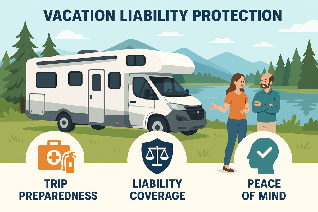 Infographic of a modern RV by a scenic lake, safety gear visible, coverage icons, and a couple conversing outside, illustrating vacation liability insurance, trip safety, and peace of mind for travelers.