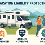 Infographic of a modern RV by a scenic lake, safety gear visible, coverage icons, and a couple conversing outside, illustrating vacation liability insurance, trip safety, and peace of mind for travelers.